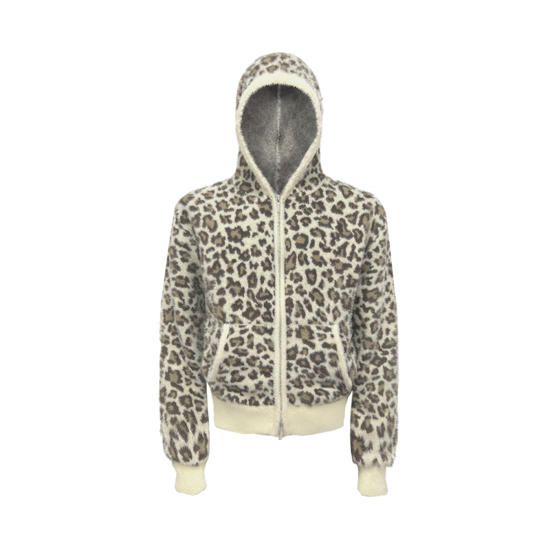 Wanna Lab Leopard Print Jacquard Short Wide Sweater Super Soft Velvet Knit Zipper Hooded Cardigan Sweatshirt Jacket Autumn Wanna Lab Leopard Print Jacquard Short Wide Sweater Super Soft Velvet Knit Zipper Hooded Cardigan Sweatshirt Jacket Autumn