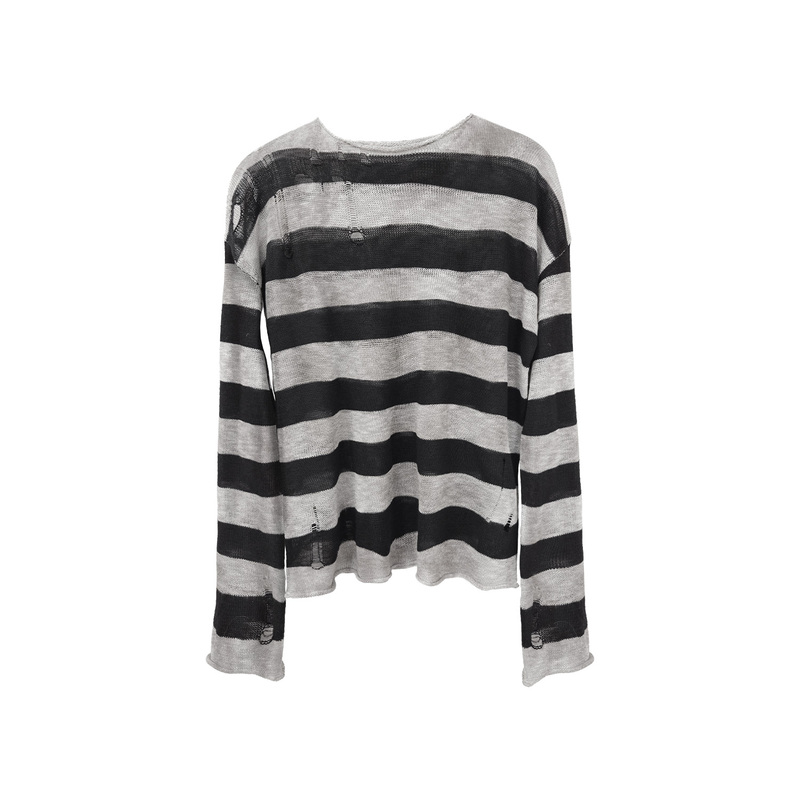 Wanna Lab 26Ss Hand-Knitted Ripped Black and White Striped Dirty-Dyed Ultra-Thin Pullover Round Neck Long-Sleeve Knit T-Shirt