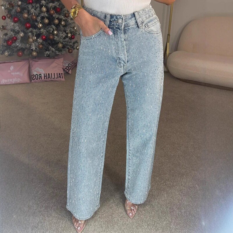 Cross-Border Foreign Trade European and American Amazon Women's Clothing Full Rhinestone Washed Denim Jeans Women's High-Waisted Straight Pants Sexy Long Pants