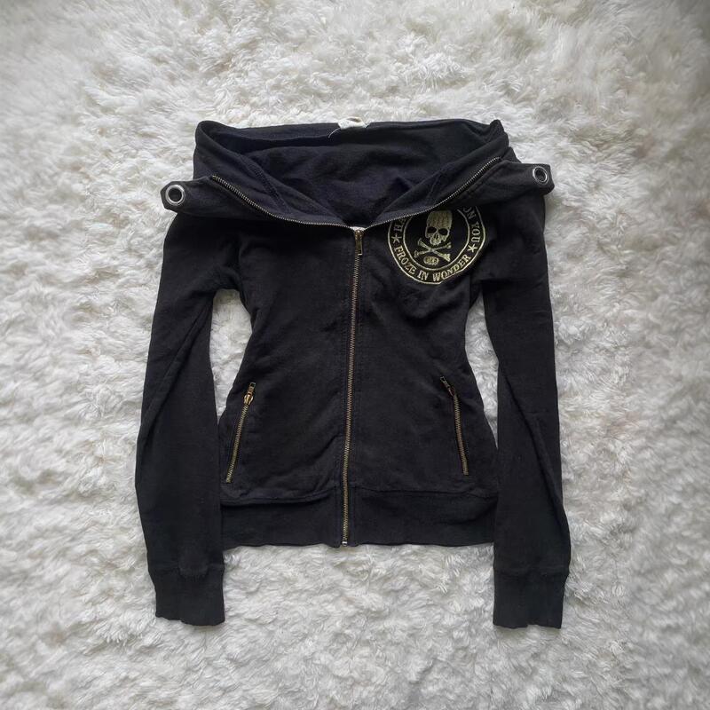 Foreign Trade European and American Cross-Border Retro Millennium Y2K Zip-Up Hoodie Sweatshirt for Women, Slim Fit Gothic Style Skull Jacket