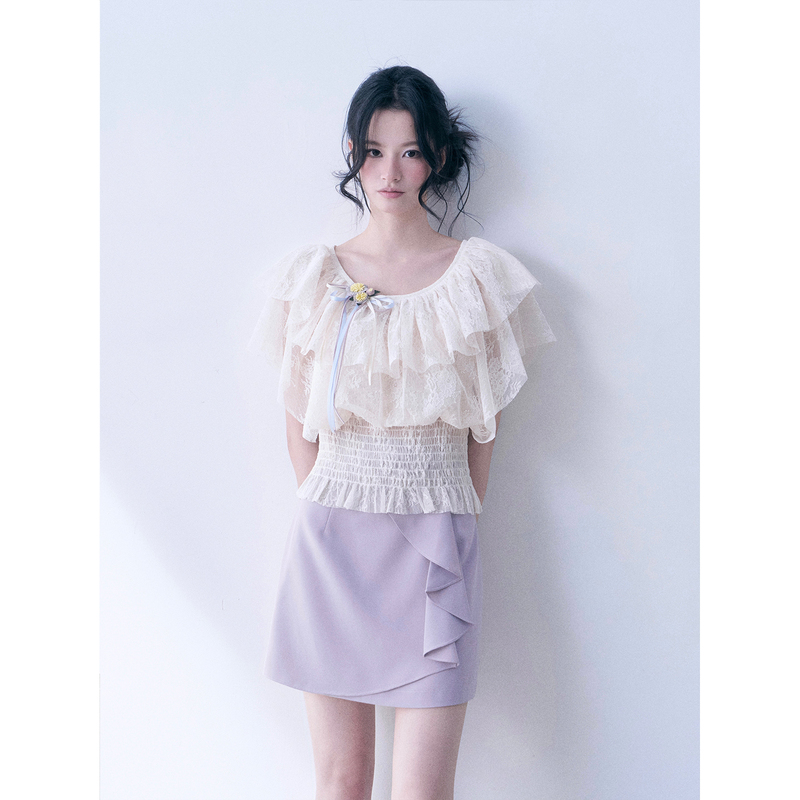 Sos Seamstress "Shy Hyacinth" Layered Lace Ruffle Small Flutter Sleeve Waist-Cinching Top Sos Seamstress "Shy Hyacinth" Layered Lace Ruffle Small Flutter Sleeve Waist-Cinching Top