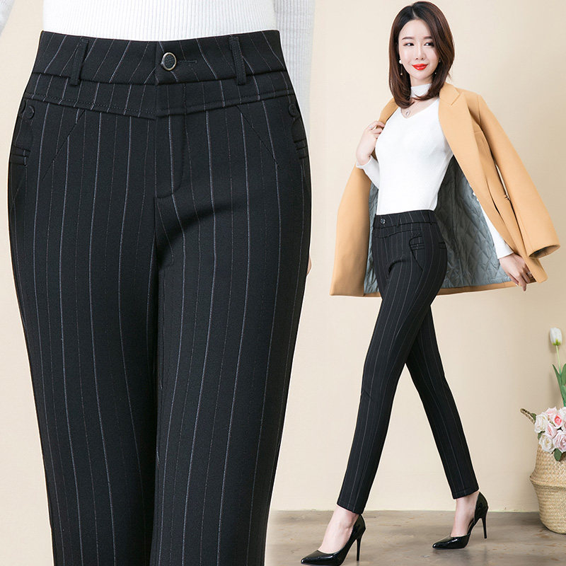 Middle-aged women's pants striped spring and Autumn 2021 explosion style middle-aged mother pants women's high loose casual straight trousers