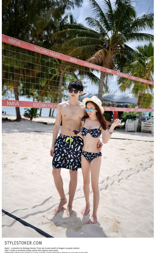 Hàn Quốc nhập khẩu áo tắm đôi bikini thép tấm màu xanh thuyền buồm mẫu áo tắm nữ / quần đi biển nam 1751 - Vài đồ bơi đồ đi biển cho cặp đôi
