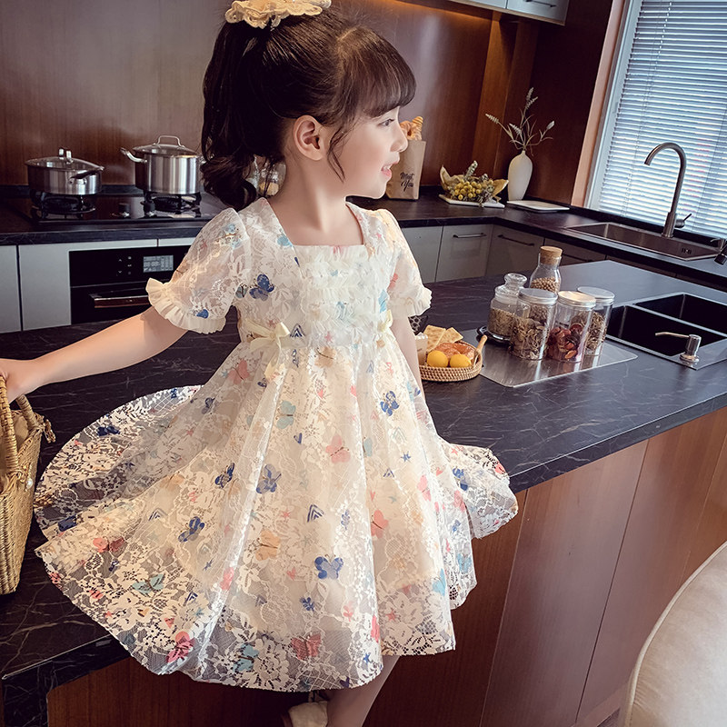 Girls foreign style princess dress summer dress 2022 new little girl foreign style lace skirt children's Korean version of the mesh dress