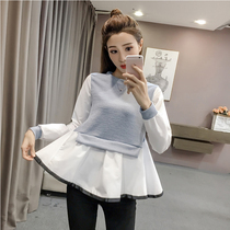 Autumn new Korean maternity short coat long sleeve stitching pregnant women shirt fake two loose pregnant women T-shirt
