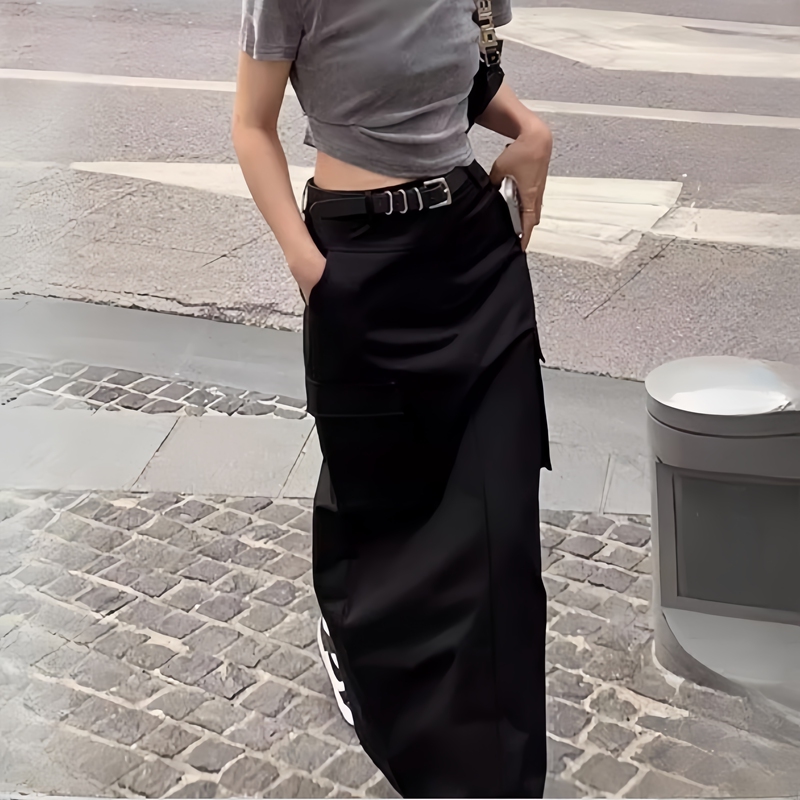 Plus-Size Black Workwear Skirt for Women, New Summer Style, High-Waisted, Slimming, Slit to the Ankle, A-Line Long Skirt
