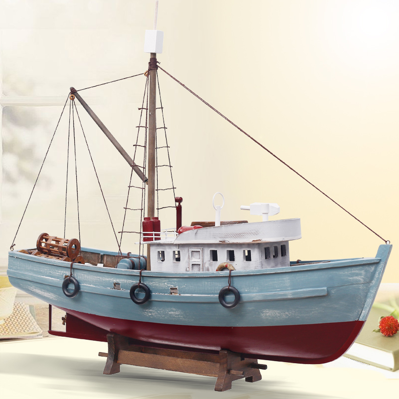 40cm simulation fishing boat model ornaments Mediterranean retro nostalgic solid wood craft boat smooth sailing boat