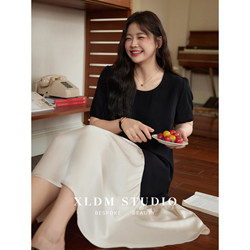 Xiaoli's homemade plus-size women's clothing, stitched contrasting textured A-line summer fat mm loose chiffon dress