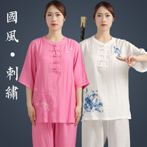 Tai Chi Suit Womens Summer Embroidery China Wind Short Sleeve Practice Costume for Old Age Performance Costume Taijiquan Costume