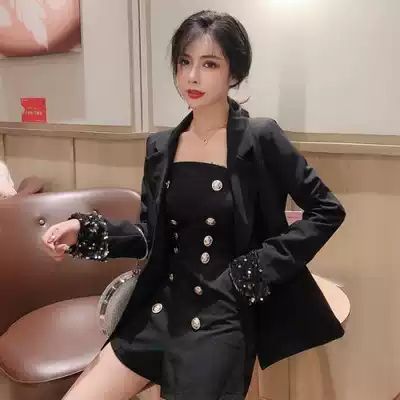 Spring and summer suit female Korean version of Joker temperament small suit jacket female goddess fan trumpet jumpsuit two-piece set