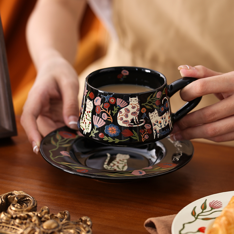 Piaji the Unique Collision of Cat Shadows and Flower Souls Ceramic Coffee Cup and Saucer High-End Exquisite and Beautiful Set Piaji the Unique Collision of Cat Shadows and Flower Souls Ceramic Coffee Cup and Saucer High-End Exquisite and Beautiful Set