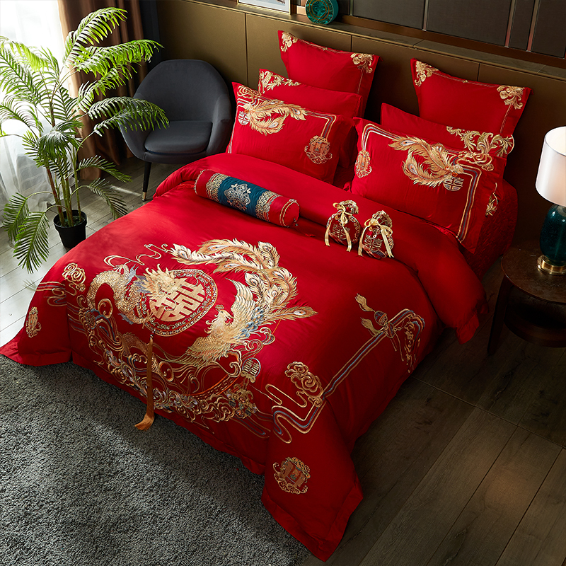 Roland home spinning 100 long suede cotton pure cotton wedding bed group four sets of multiple sets of wedding with big red