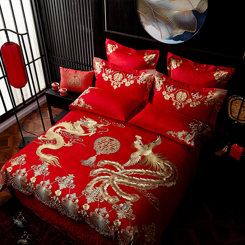 Roland home spinning 100 long suede cotton pure cotton wedding bed group four sets of multiple sets of wedding with big red