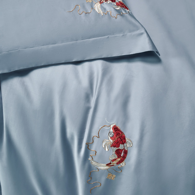 Jin Carp National Tide Roland Home Textile Embroidery Brief New Chinese Spring Autumn Season Long Suede Cotton Pure Cotton Pure Color Blue Four Pieces Sleeves