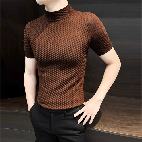 Мужской осенний демисезонный трикотажный свитер, высокий воротник, короткий рукав, премиум класс
