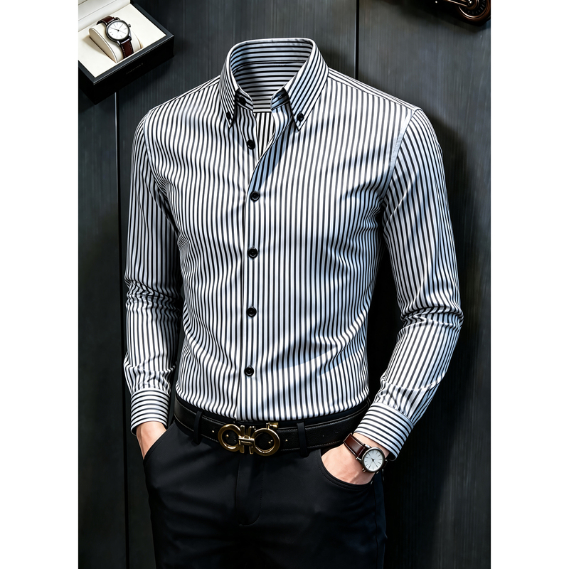 Black and White Striped Shirt Men's Long-Sleeved Business Workplace Style Mature and Sophisticated High-Fashion Outfit Top Autumn New Shirt
