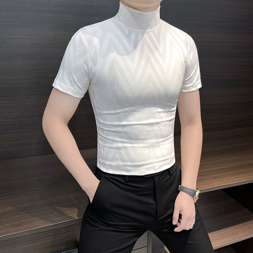 Осенняя эластичная приятная телу футболка с коротким рукавом, высокий воротник, короткий рукав, облегающий крой