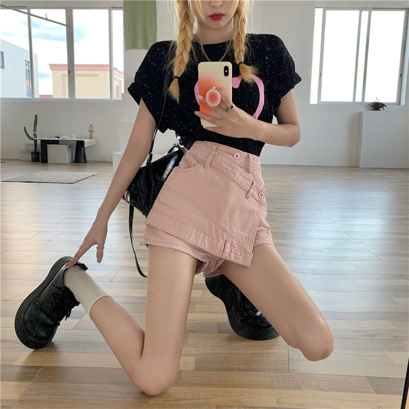 Pink Denim Ultra-Short Shorts for Women, Summer A-Line Skirt, Plus Size, Anti-Exposure Skirt Pants, High-Waisted Skirt, Trendy ins Pink Denim Ultra-Short Shorts for Women, Summer A-Line Skirt, Plus Size, Anti-Exposure Skirt Pants, High-Waisted Skirt, Trendy ins