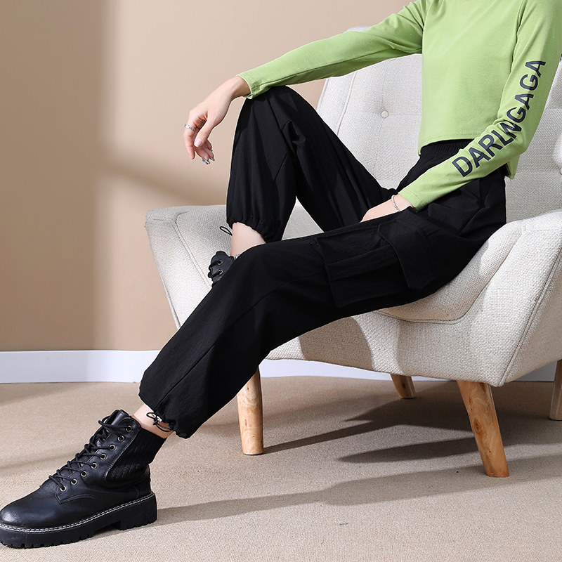 Black bunches leggings pants female display slim height waist fall straight cylinder loose wide leg casual handsome tightness waist sports pants