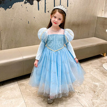 Wan Halloween Ice and Snow Girl Love Tha Princess Dresses Foreign Air Children Bubble Sleeves Bright Sheet Mesh Veil Dress