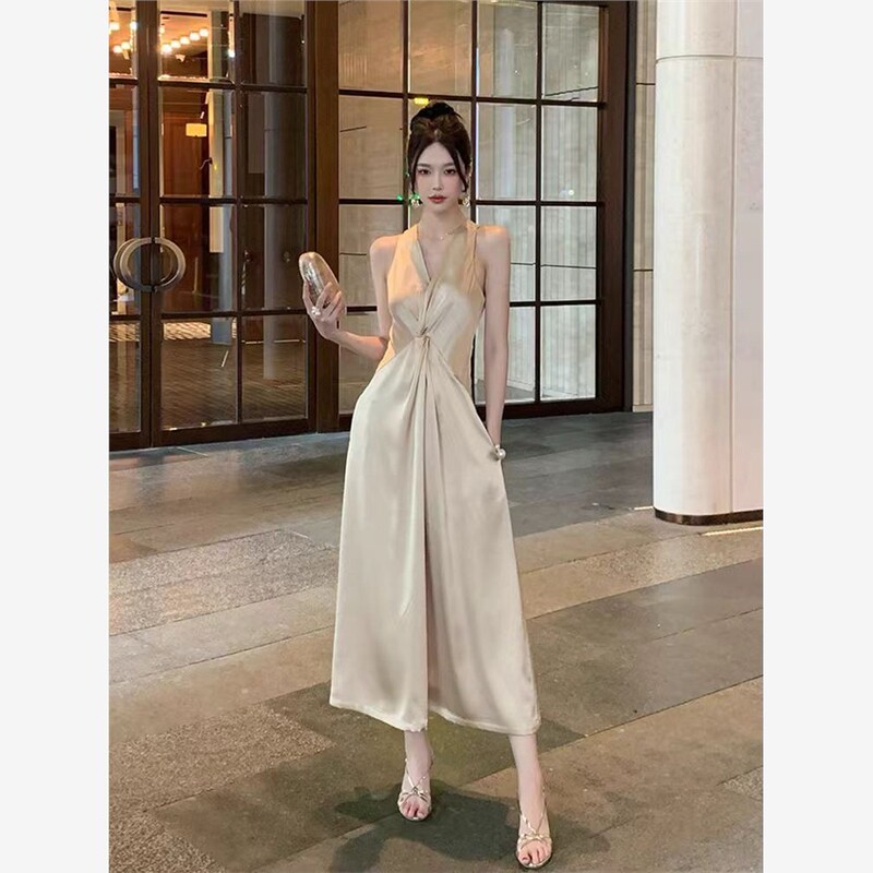 Satin Dress, Sleeveless, French and Thai Style, New Elegant Long Dress for Ladies, Birthday High-End Dress, Sexy Dress