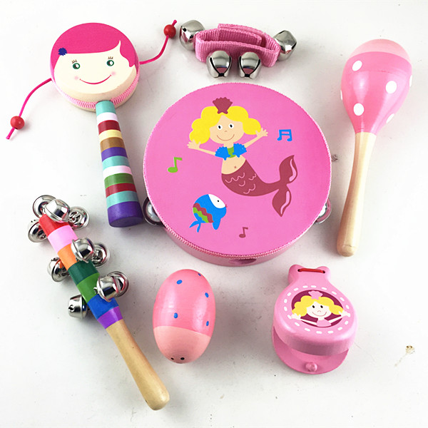Wooden leather drum cartoon flower tambourine rattle sandball ring hand bell baby boy percussion instrument toy