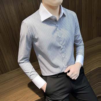 High-end light luxury large lapel vertical striped men's shirt long-sleeved business casual uniform handsome shirt