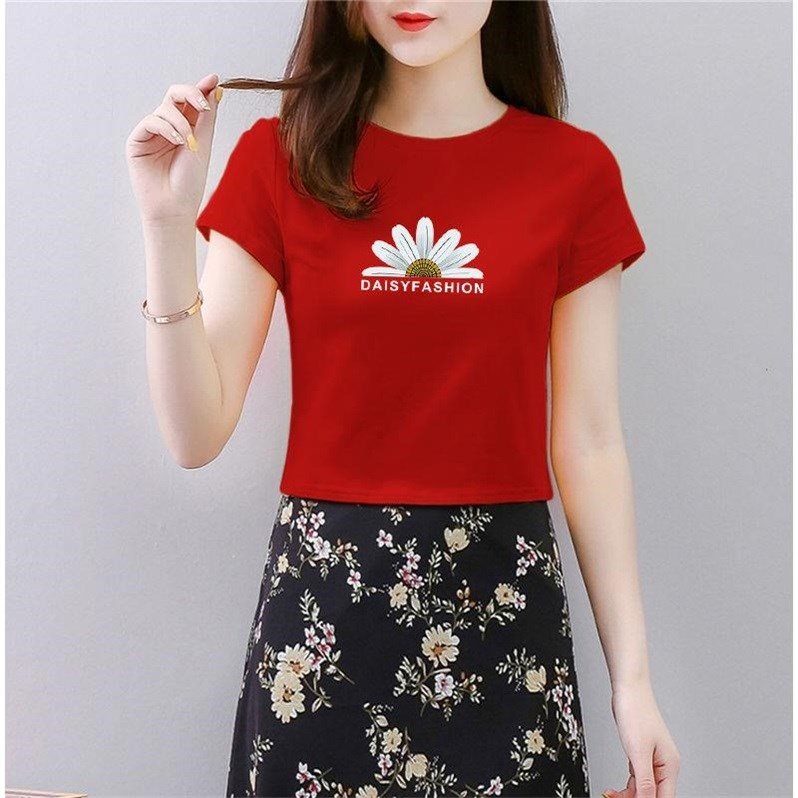 95 cotton 2021 new small daisy T-shirt female tidal dew navel blouse Korean version with high waist and sexy short sleeve short