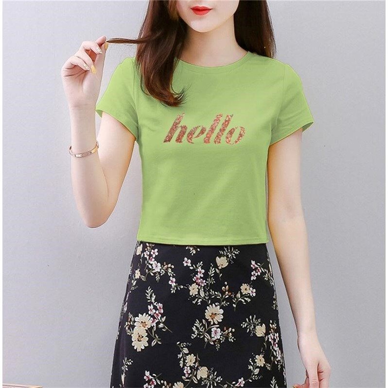 Round Collar T-shirt Woman Ins Tide 95 Cotton 2021 New Pure Color Short Sleeve Open-navel Short woman blouses slim and high waist