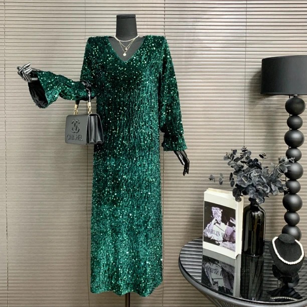 Dark Green Sequin Long Loose Dress - One Size Fits All