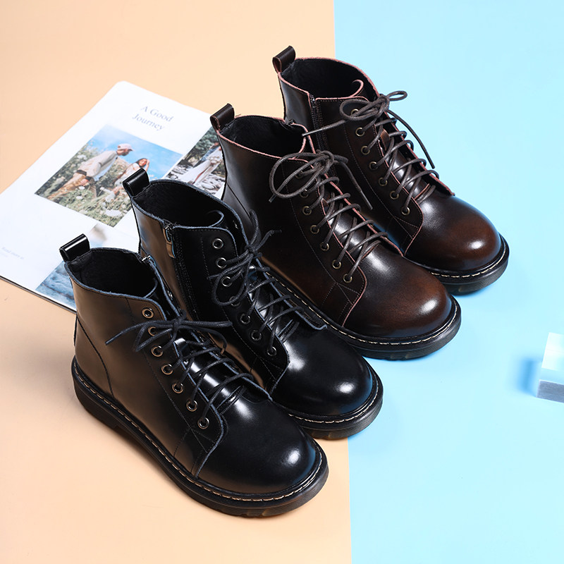 Leather Martin boots women's British style college lace-up retro all-match flat high tube black round toe Martin ankle boots women - Taobao