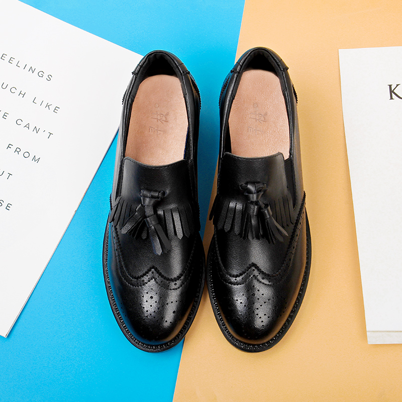 Leather tassel single shoes retro women's shoes brogue small leather shoes women's college British style medium heel thick heel women's shoes