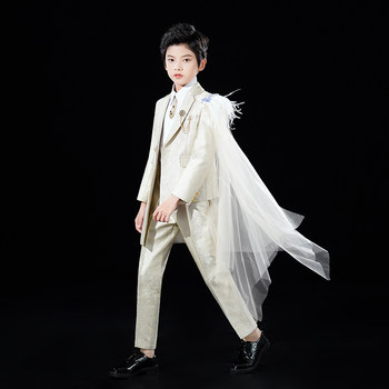 Boy's Asymmetrical Stylish Shoulder Gauze Champagne-Colored Trench Coat Suit Children's Host Model Runway Performance Suit