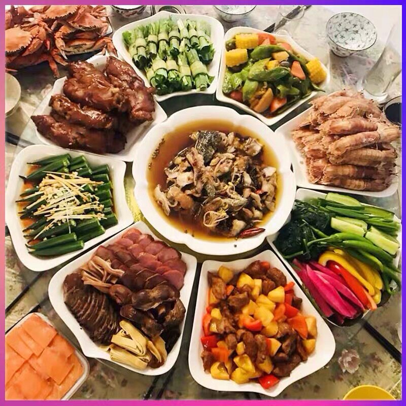 Chinese New Year cutlery parquet round table New Year's Eve dinner suit combined creative two layers of sector mesh red home reunion dinner plate