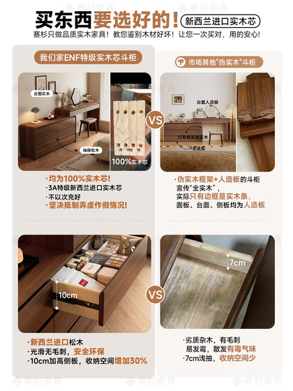 Solid Wood Dressing Table with Drawers, Bedroom Bedside Vanity Table, Integrated Storage Cabinet in Vintage Style for Master Bedroom, Small Apartment Home Cabinet