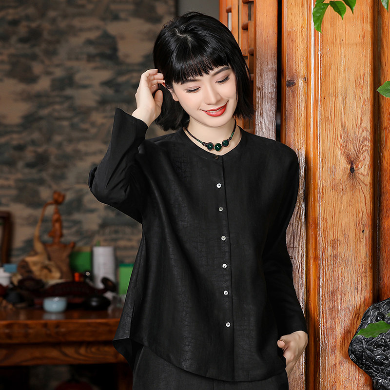 Mulberry silk turtle cracked fragrant cloud yarn shirt silk collarless long-sleeved loose shirt casual large size women's autumn new style