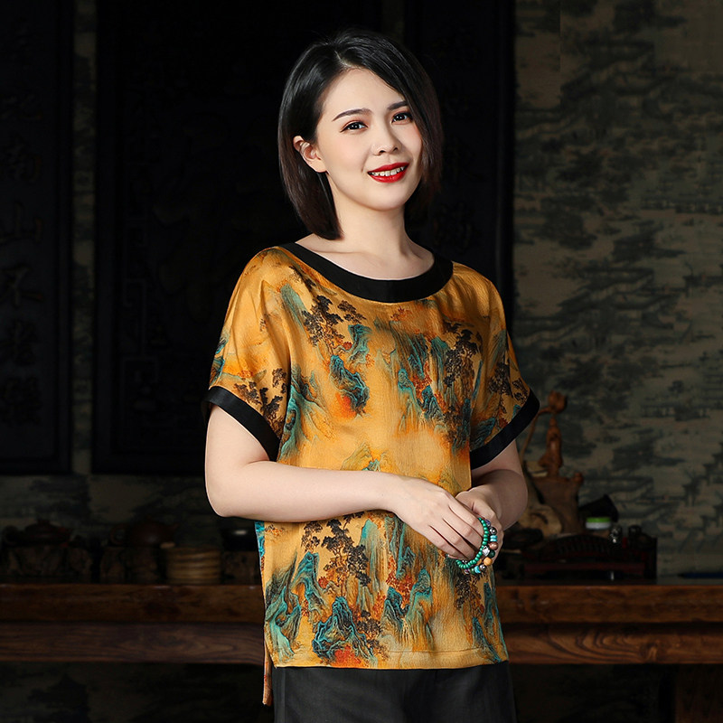 Real Silk Bubble Crepe Easy T-shirt short sleeve blouses mulberry silk printing retro big size lady T-shirt new pint summer