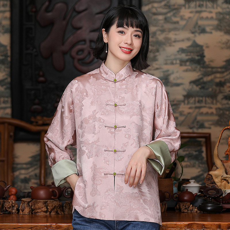 True silk elastic jacquard satin loose blouse Chinese mulberry silk cardiovert long sleeve coat retro disc button Tang fit large size