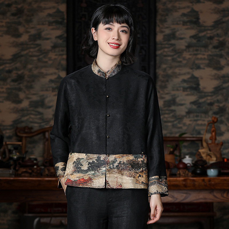 Silk silk spinning corrugated clouds on coat sand silk tissue piece retro-clad Tang dress relaxed long sleeve coat