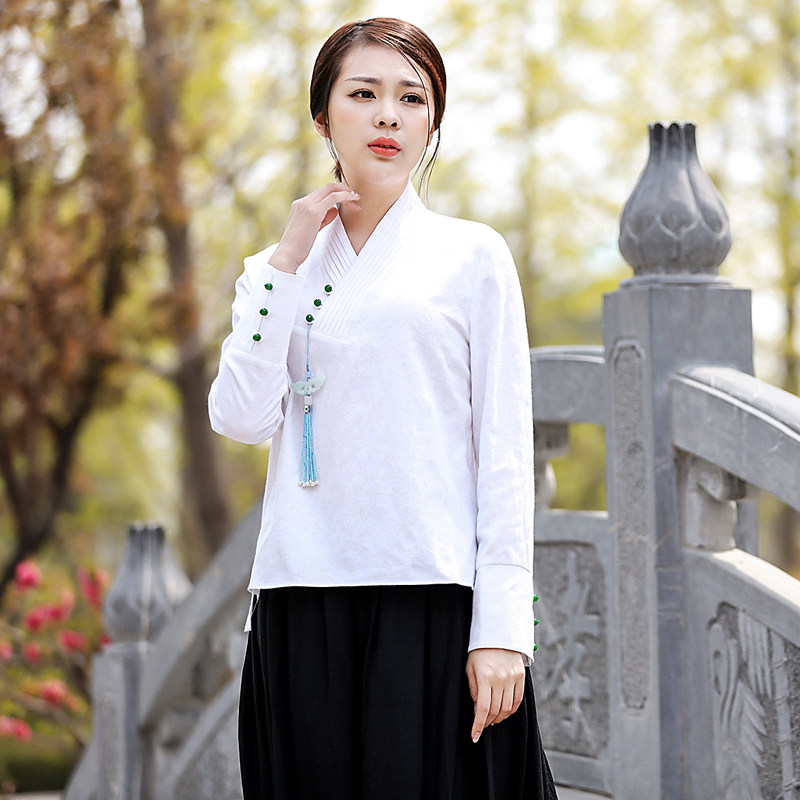 Pure cotton retro wild Chinese top plate buckle stand collar partial lapel long sleeve oblique lapel white shirt jacquard shirt Women's clothing