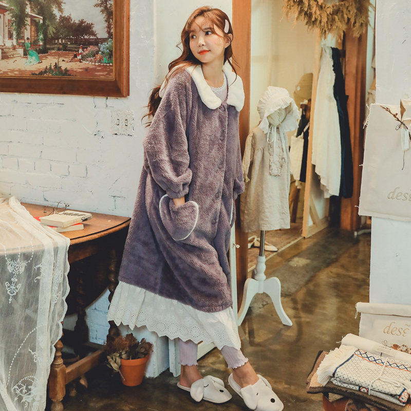 Pajamas Ladies Spring Autumn Winter Homewear Long Sleeve Flannel Three-piece Suit Thickened Sweet Korean Coral Fleece