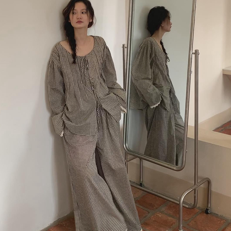 2026 New Women's Pajamas Spring and Autumn Thin Pure Cotton Long-Sleeve Set Plaid Can Be Worn Outside Loungewear Plus Size Summer 2026 New Women's Pajamas Spring and Autumn Thin Pure Cotton Long-Sleeve Set Plaid Can Be Worn Outside Loungewear Plus Size Summer