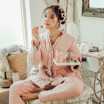 Pajamas womens autumn and winter thickened cotton three-layer cotton cotton plus velvet warm coral velvet home clothing set new