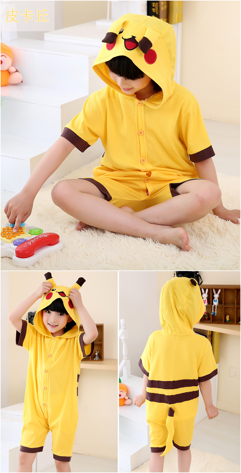 Mùa hè cotton mỏng trẻ em phim hoạt hình Xiêm đồ ngủ ngắn tay chàng trai và cô gái dễ thương Pikachu động vật cha mẹ và con hiệu suất quần áo