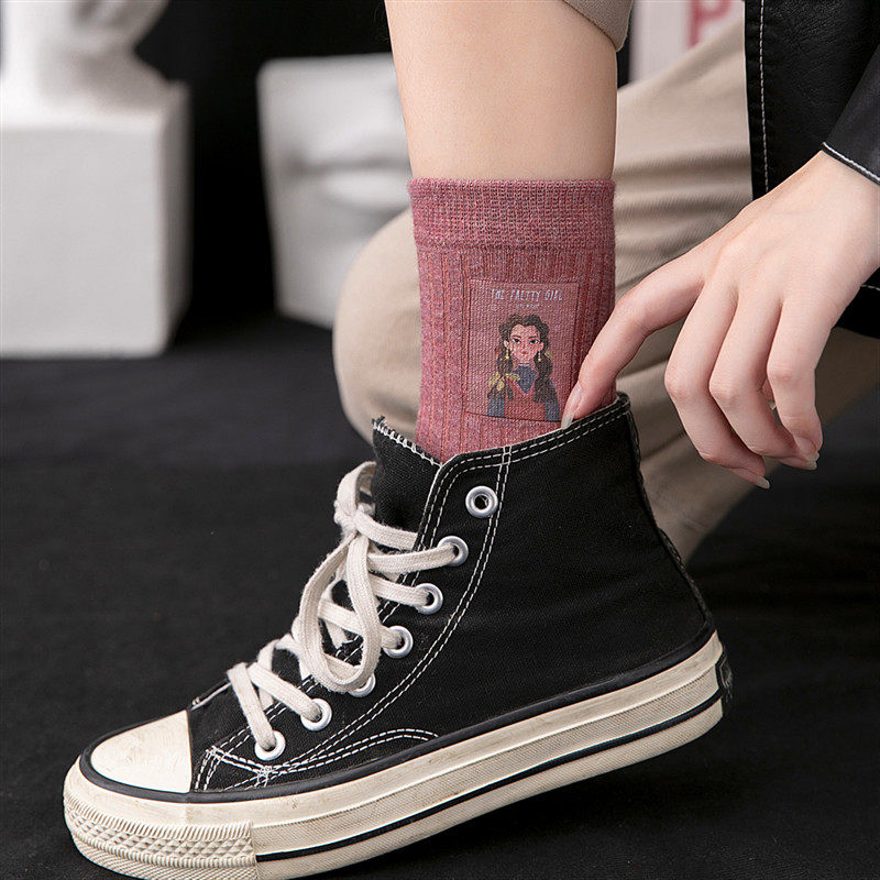 Socks female ins tide autumn cartoon hot stamping girl head medium tube socks pure cotton autumn and winter all-match personality stockings