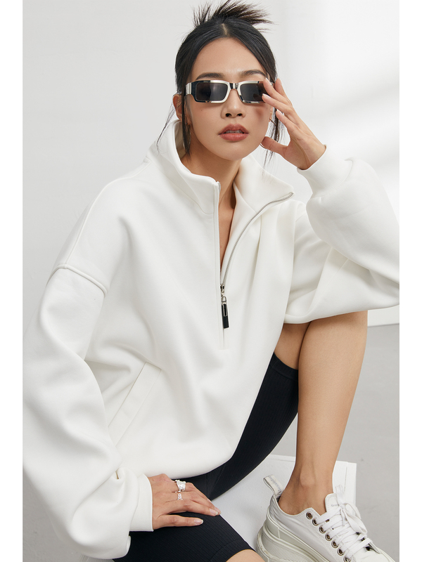 Zzzhang【Minimalist Sports Style】Half-Zip Oversized Drop Shoulder Sweatshirt for Women, Spring and Autumn Stand-Up Collar Top Zzzhang【Minimalist Sports Style】Half-Zip Oversized Drop Shoulder Sweatshirt for Women, Spring and Autumn Stand-Up Collar Top