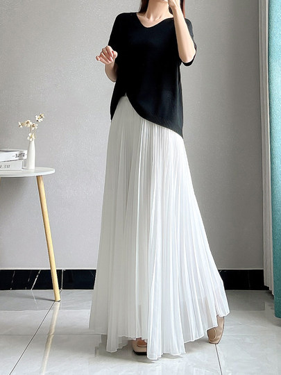 White Pleated Chiffon Skirt for Women, Mid-Length Skirt, Summer Long Loose Skirt with a Large Hem, Drapey Fairy Pleated Skirt
