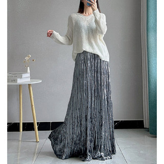 Velvet Skirt for Women, Long Draped Skirt, Autumn and Winter Retro Pleated Skirt, Elastic Waist, Fleece-Lined, Extended Flared Skirt, Umbrella Skirt