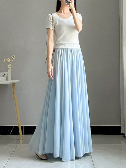 Gentle Style Blue Chiffon Skirt for Women Summer Elastic Waist Asymmetrical Large Hem Long Skirt Super Fairy Draped Umbrella Skirt