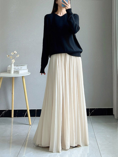 Pleated Skirt, Half-Length Skirt, Women's Long Skirt, Spring, Autumn and Summer, Asymmetrical Large Hem Skirt, Drapey Chiffon, Slimming A-Line Umbrella Skirt